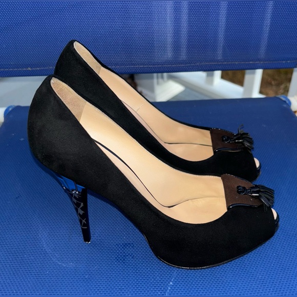 Vintage Giuseppe Zanotti Leather Peep Toe Mosaic Heels, Size 37.5 (US 7) - Picture 4 of 8